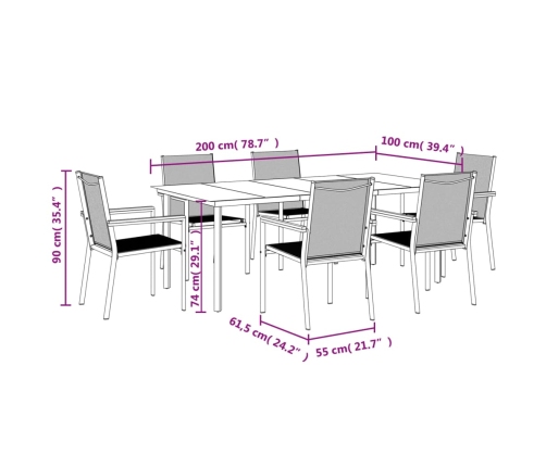 Juego de comedor para jardín 7 piezas acero y textilene negro