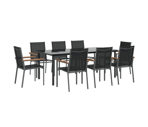 Juego de comedor para jardín 9 piezas acero y textilene negro