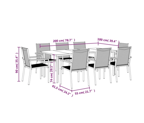 Juego de comedor para jardín 9 piezas acero y textilene negro