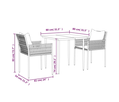 Juego comedor jardín 3 piezas y cojines ratán sintético y acero