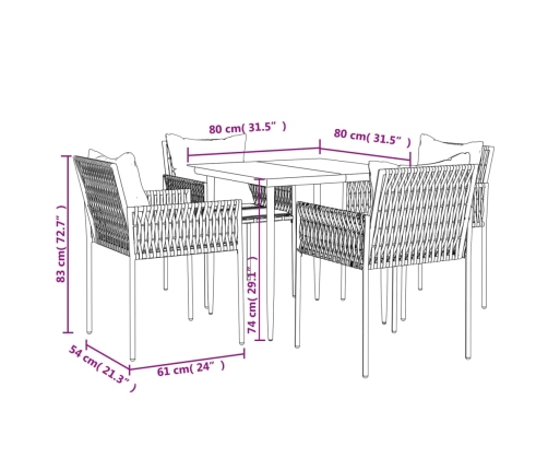 Juego comedor jardín 5 piezas y cojines ratán sintético y acero