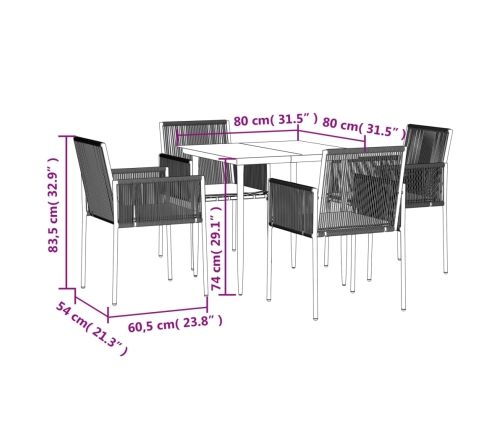Set comedor jardín 5 pzas y cojines acero ratán sintético negro
