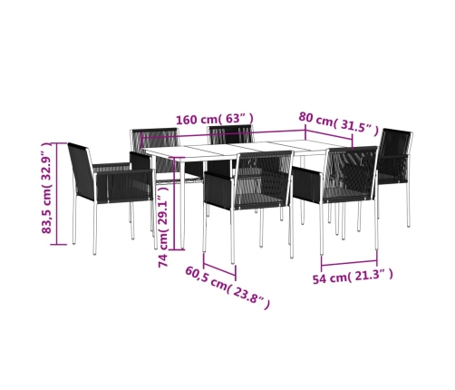 Set comedor jardín 7 pzas y cojines acero ratán sintético negro