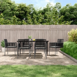 Set comedor jardín 7 pzas y cojines acero ratán sintético negro