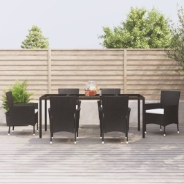 Set de comedor de jardín 7 pzas y cojines ratán sintético negro