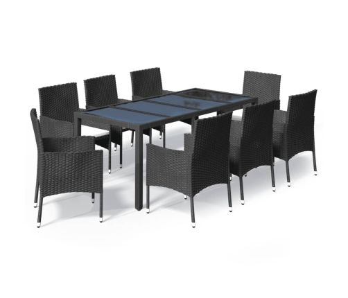 Set de comedor de jardín 9 pzas y cojines ratán sintético negro