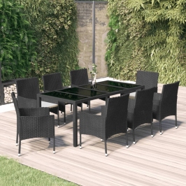 Set de comedor de jardín 9 pzas y cojines ratán sintético negro
