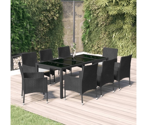 Set de comedor de jardín 9 pzas y cojines ratán sintético negro
