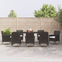 Set de comedor de jardín 9 pzas y cojines ratán sintético negro