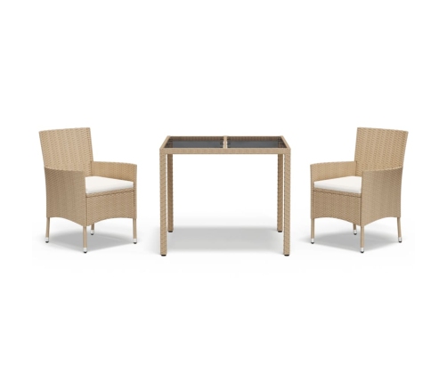 Set comedor de jardín 3 pzas con cojines ratán sintético beige