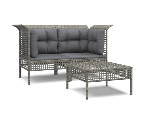 Set de muebles de jardín 3 pzas y cojines ratán sintético gris