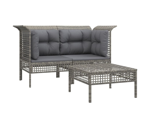 Set de muebles de jardín 3 pzas y cojines ratán sintético gris