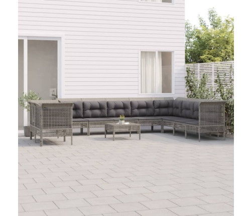 Set de muebles de jardín 11 pzas y cojines ratán sintético gris