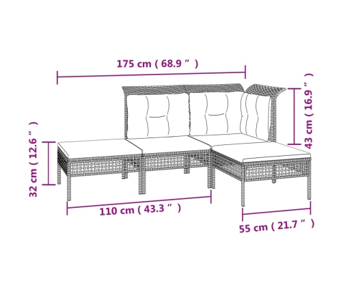 Set de muebles de jardín 11 pzas y cojines ratán sintético gris