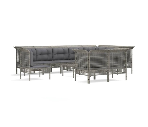 Set de muebles de jardín 11 pzas y cojines ratán sintético gris