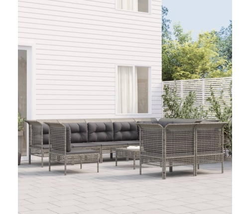 Set de muebles de jardín 11 pzas y cojines ratán sintético gris