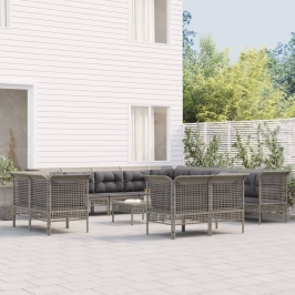 Set de muebles de jardín 13 pzas y cojines ratán sintético gris