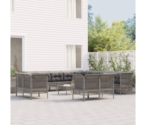 Set de muebles de jardín 13 pzas y cojines ratán sintético gris