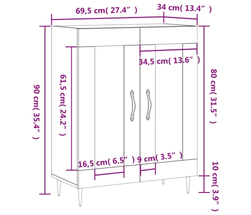 Aparador de madera contrachapada blanco brillante 69,5x34x90 cm