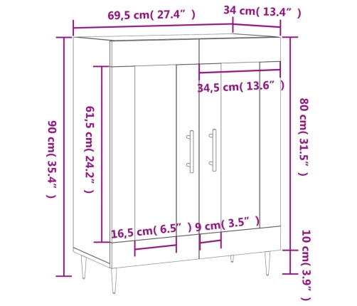 Aparador de madera contrachapada blanco brillante 69,5x34x90 cm