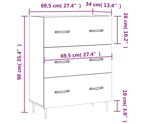 Aparador de madera contrachapada blanco brillante 69,5x34x90 cm