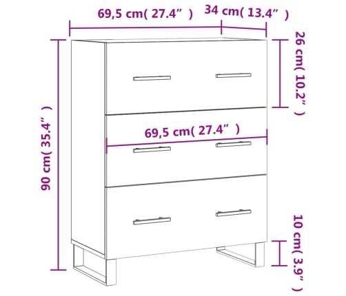 Aparador de madera contrachapada blanco brillante 69,5x34x90 cm