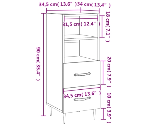 Aparador de madera contrachapada blanco brillante 34,5x34x90 cm