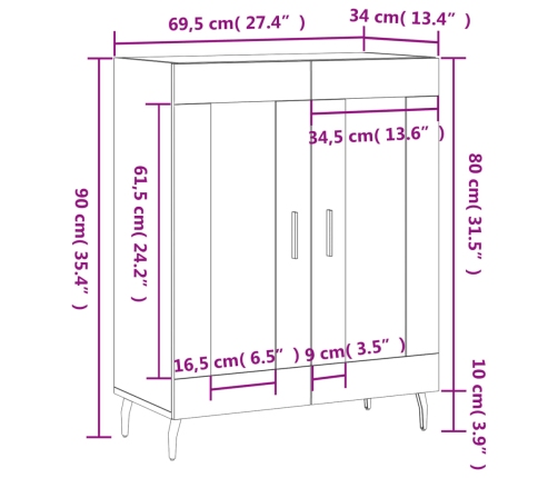 Aparador de madera contrachapada blanco brillante 69,5x34x90 cm