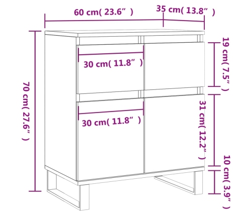 Aparador de madera contrachapada blanco brillante 60x35x70 cm