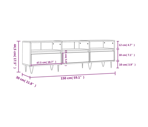 vidaXL Mueble de TV madera contrachapada negro 150x30x44,5 cm