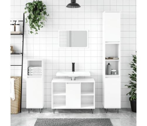 Armario de baño madera contrachapada blanco brillo 30x30x100 cm