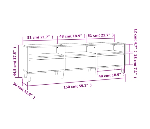 Mueble de TV madera contrachapada negro 150x30x44,5 cm