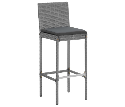 Mesa y taburetes altos jardín 5 piezas y cojines ratán PE gris