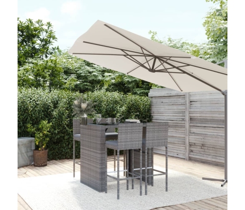 Mesa y taburetes altos jardín 5 piezas y cojines ratán PE gris