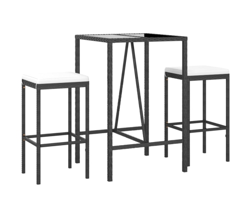 Mesa y taburetes altos jardín 3 piezas y cojines ratán PE negro
