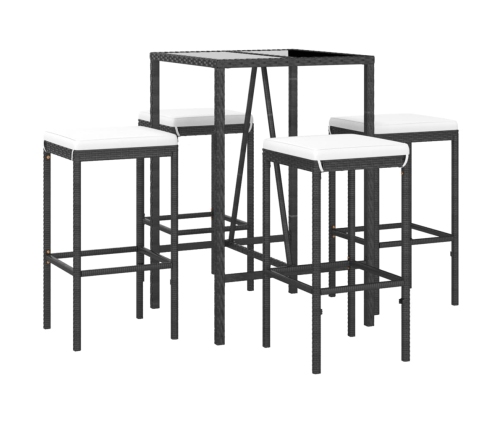 Mesa y taburetes altos jardín 5 pzas y cojines ratán PE negro
