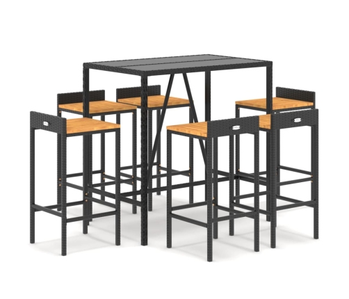 Mesa bar y taburetes jardín 7 pzas madera acacia ratán PE negro