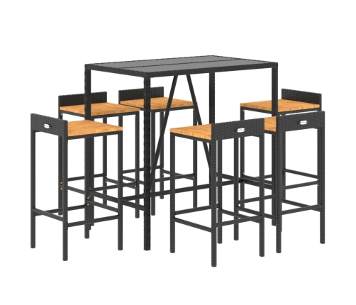 Mesa bar y taburetes jardín 7 pzas madera acacia ratán PE negro