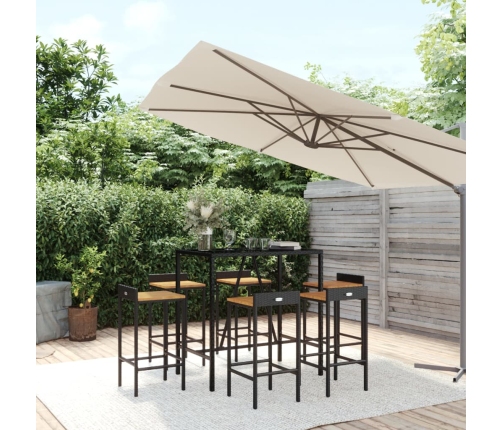 Mesa bar y taburetes jardín 7 pzas madera acacia ratán PE negro