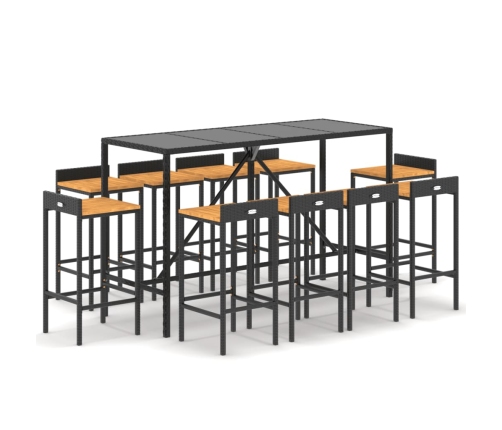 Mesa y taburetes altos jardín 11 pzas madera y ratán PE negro
