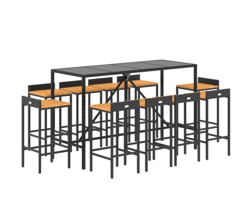 Mesa y taburetes altos jardín 11 pzas madera y ratán PE negro