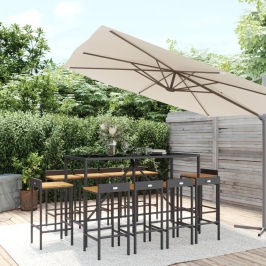 Mesa y taburetes altos jardín 11 pzas madera y ratán PE negro