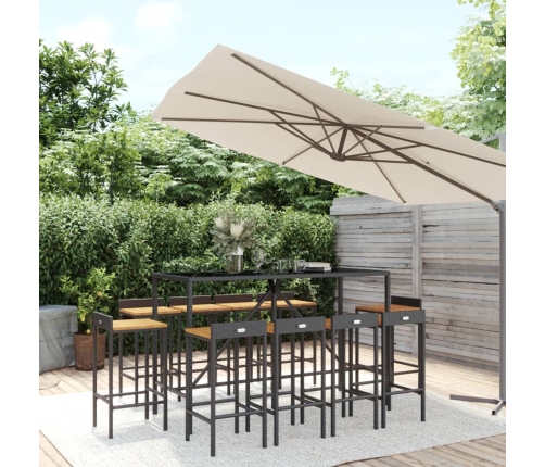 Mesa y taburetes altos jardín 11 pzas madera y ratán PE negro