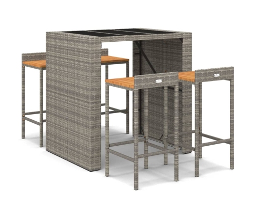 Mesa bar y taburetes jardín 5 pzas madera acacia ratán PE gris