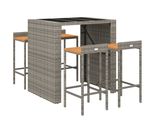 Mesa bar y taburetes jardín 5 pzas madera acacia ratán PE gris