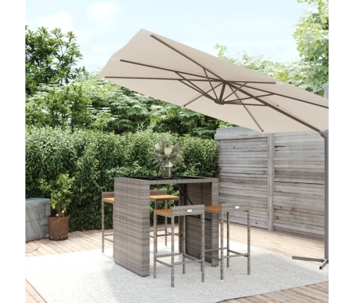 Mesa bar y taburetes jardín 5 pzas madera acacia ratán PE gris
