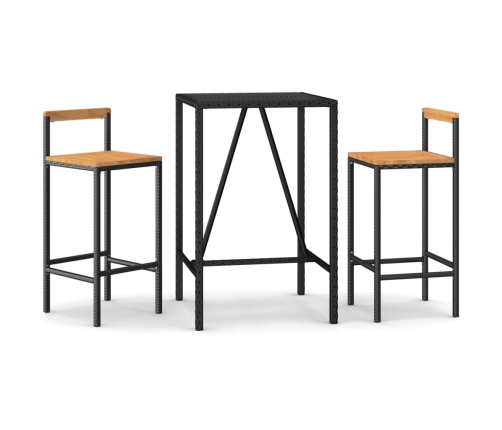 Mesa bar y taburetes jardín 3 pzas madera acacia ratán PE negro