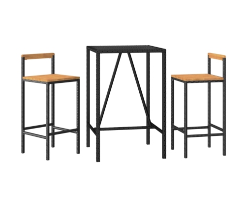 Mesa bar y taburetes jardín 3 pzas madera acacia ratán PE negro