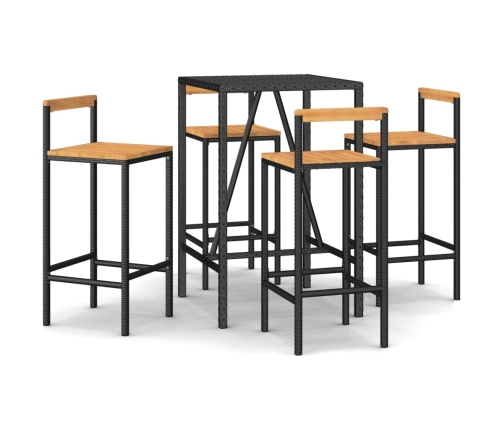 Mesa bar y taburetes jardín 5 pzas madera acacia ratán PE negro