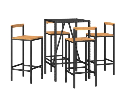 Mesa bar y taburetes jardín 5 pzas madera acacia ratán PE negro